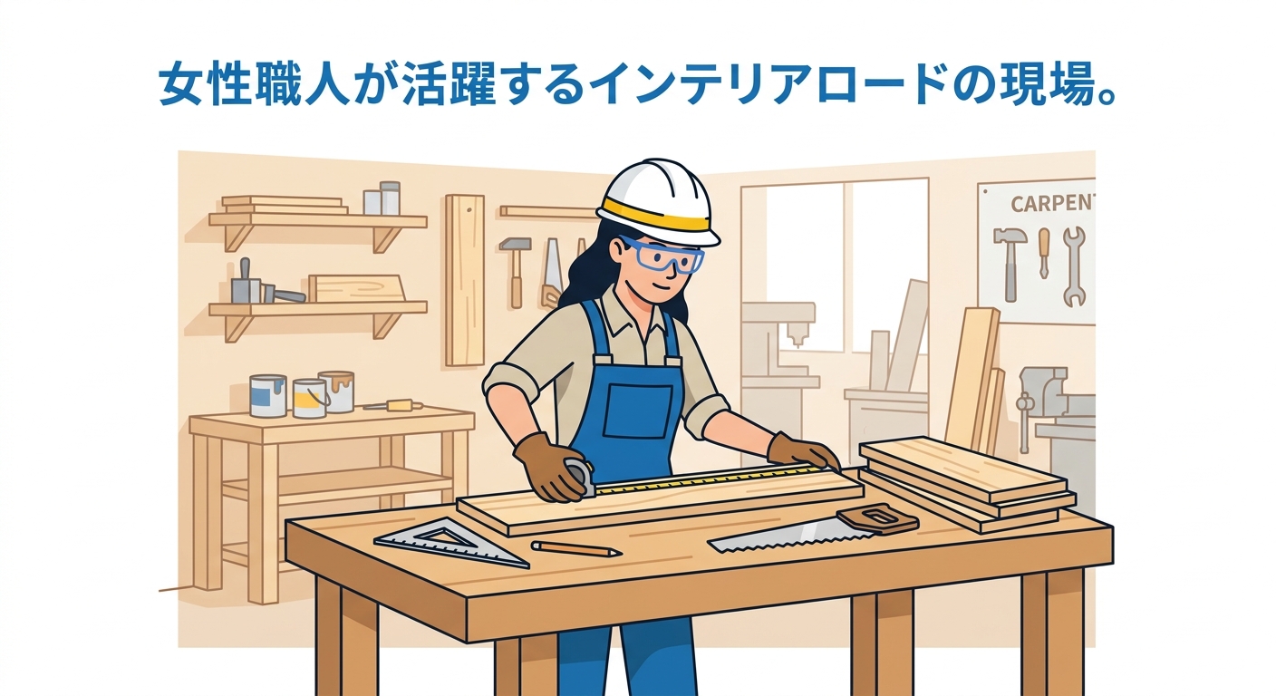 女性木工職人が作業台で加工する様子。木材を測定し、丁寧に作業している。明るく清潔な工場内。