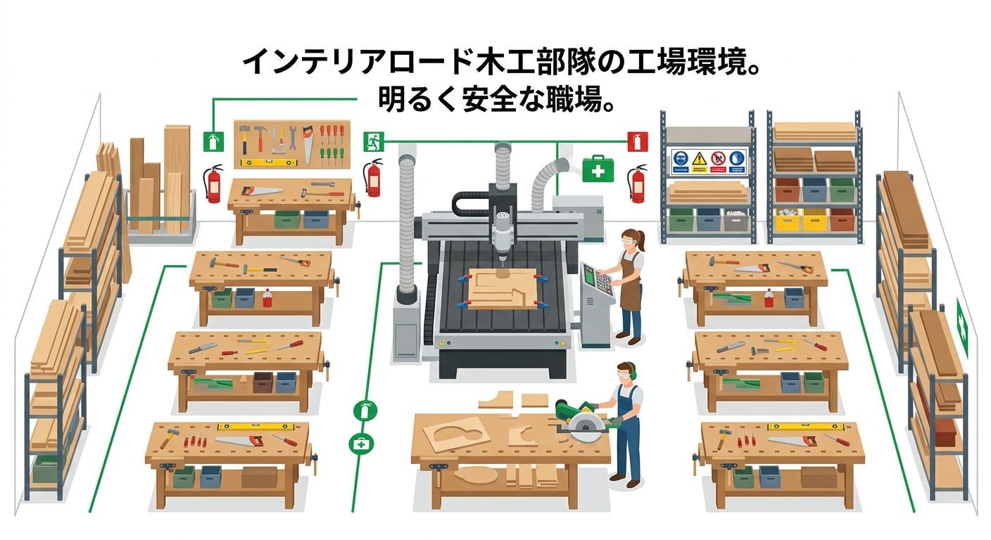 インテリアロードの工場内の様子。整然と並ぶ工具と明るい作業スペース。清潔で安全な環境を示す。
