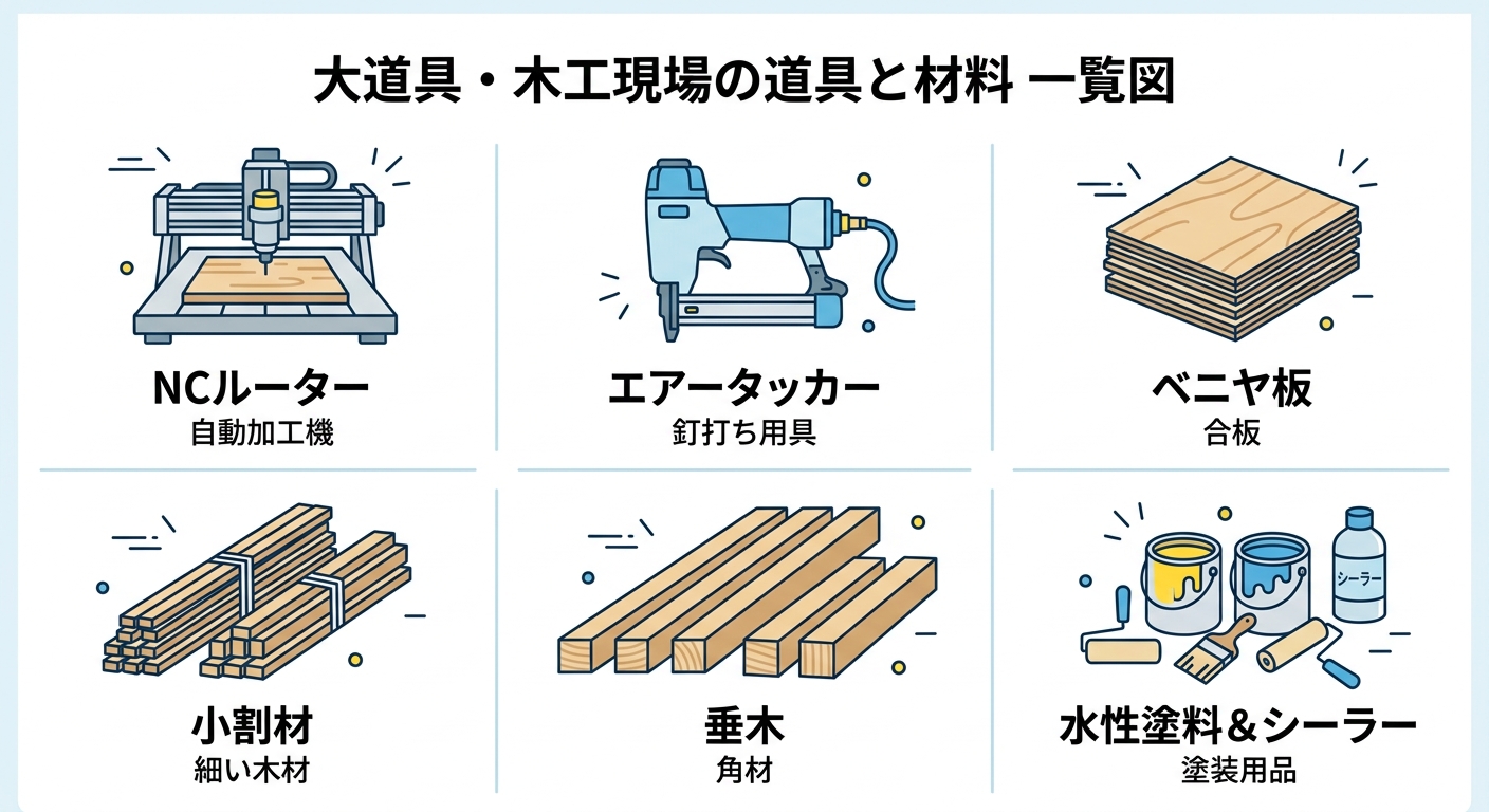 木工現場の道具と素材一覧