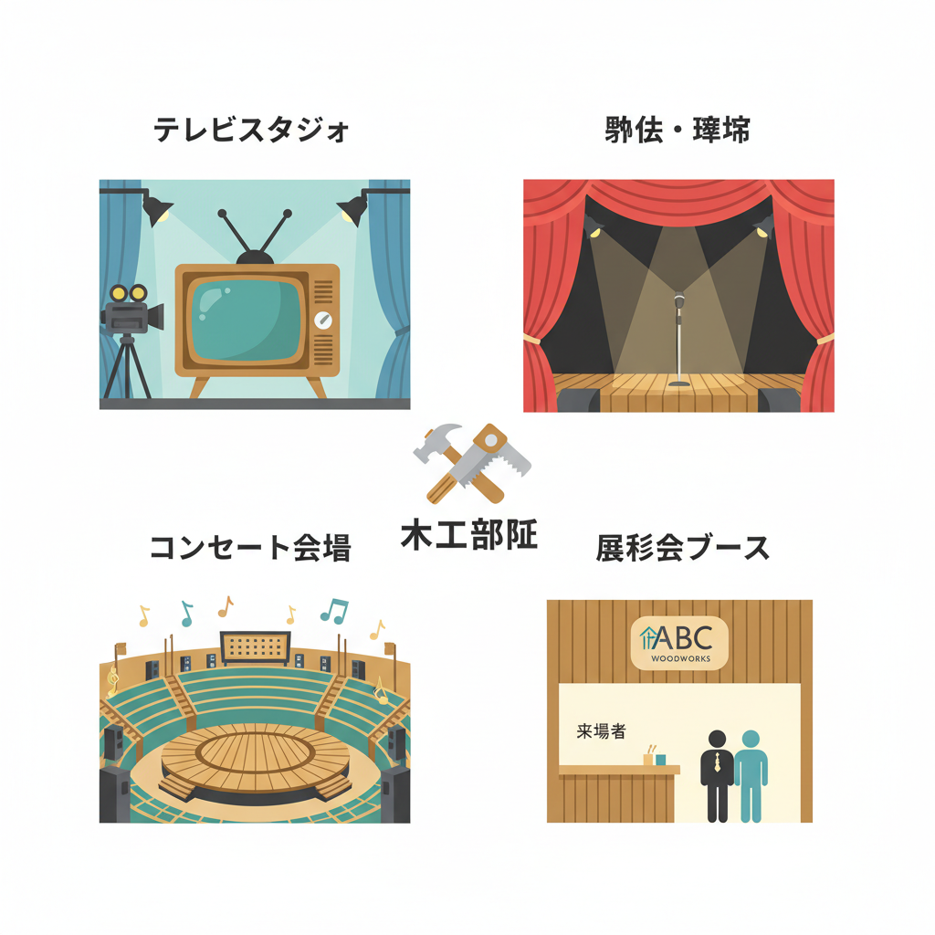 テレビ・舞台・コンサート・展示会など木工部隊が手がける多彩な現場のイラストマップ（白背景・フラットデザイン）